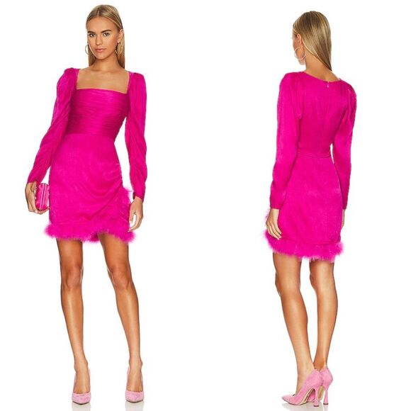 NWT Saylor Ruched Satin Ostrich Feather Trim Brielle Mini Dress Fuchsia Small $3